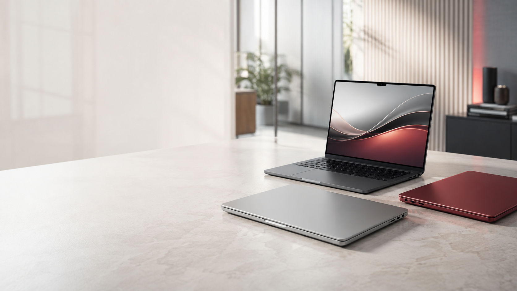 Laptops arranged on a bright modern workspace